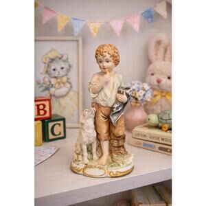 Lefton Japan 1970s Handpainted Bisque Boy With Dog Figurine, KW3501A, 6.75”